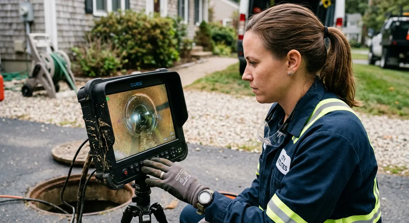 Technician reviewing sewer camera inspection footage in Norridge