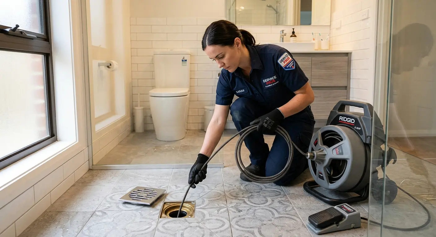 Technician clearing a bathroom floor drain for Sewer Line Replacement in Norridge